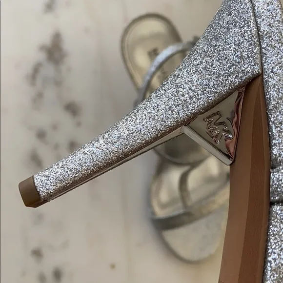 New MICHAEL KORS Arden Glitter Silver T-strap Stiletto Sandals