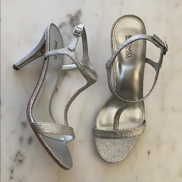New MICHAEL KORS Arden Glitter Silver T-strap Stiletto Sandals