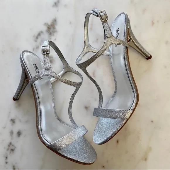 New MICHAEL KORS Arden Glitter Silver T-strap Stiletto Sandals