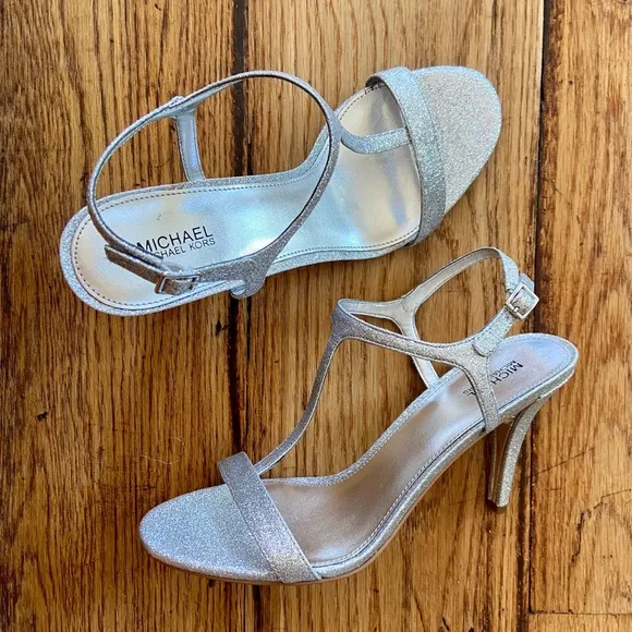 New MICHAEL KORS Arden Glitter Silver T-strap Stiletto Sandals