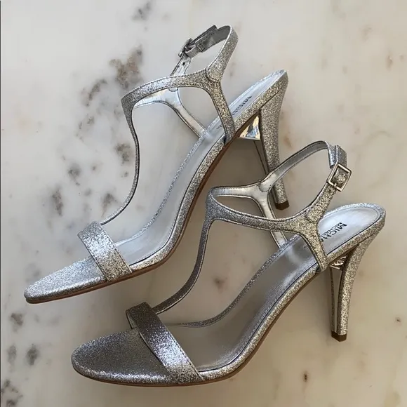 New MICHAEL KORS Arden Glitter Silver T-strap Stiletto Sandals
