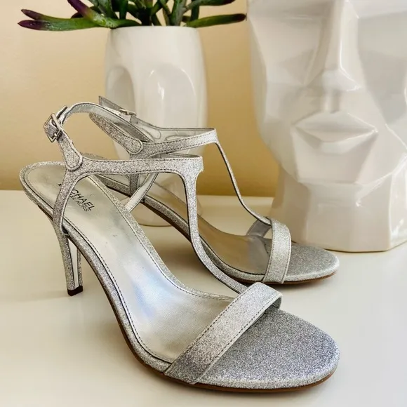 New MICHAEL KORS Arden Glitter Silver T-strap Stiletto Sandals