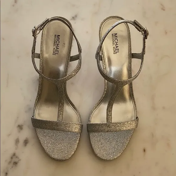 New MICHAEL KORS Arden Glitter Silver T-strap Stiletto Sandals