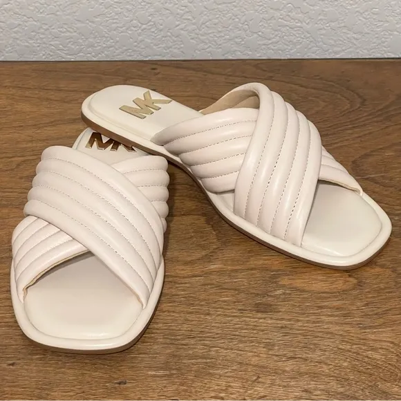 New Michael Kors Portia Slip On Crisscross Quilted Leather Slide Sandals 8 M