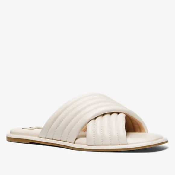 New Michael Kors Portia Slip On Crisscross Quilted Leather Slide Sandals 8 M