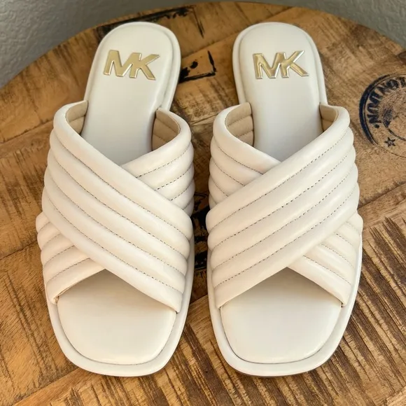 New Michael Kors Portia Slip On Crisscross Quilted Leather Slide Sandals 8 M