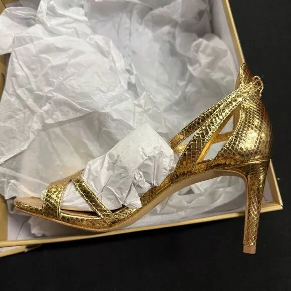 New Michael Kors Amal Pale Metallic Gold Leather Strappy Heels Sandals 6