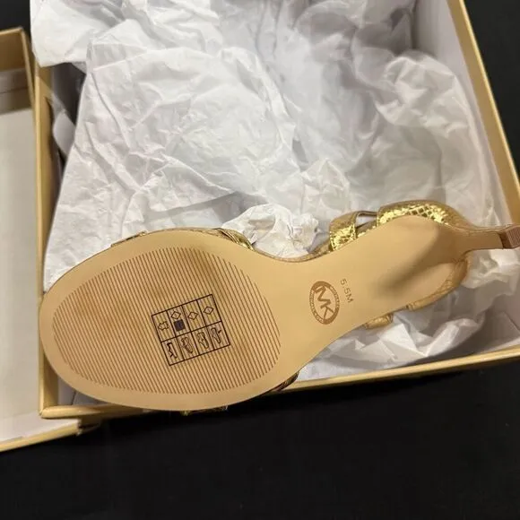New Michael Kors Amal Pale Metallic Gold Leather Strappy Heels Sandals 6