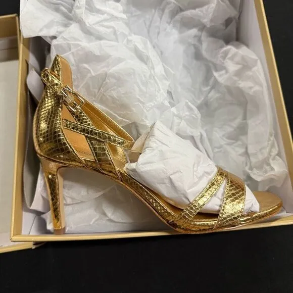 New Michael Kors Amal Pale Metallic Gold Leather Strappy Heels Sandals 6