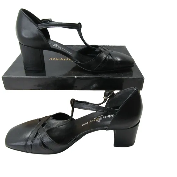 NEW MICHELE LOPRIORE Womens Yeti Vitello Block Heel Adjustable Strap Size 7