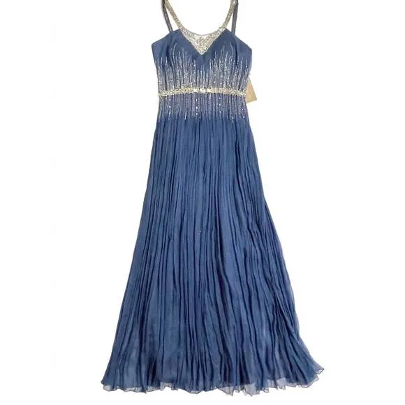 NEW MIGNON silk grecian beaded crystals gown in carbon blue