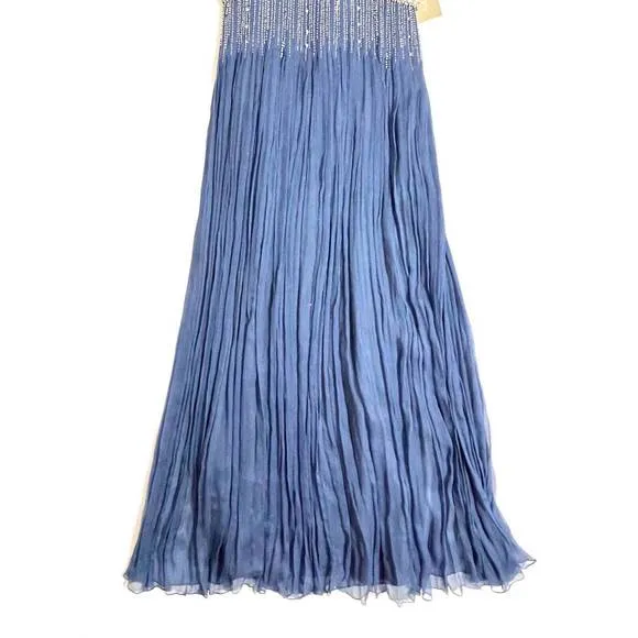 NEW MIGNON silk grecian beaded crystals gown in carbon blue