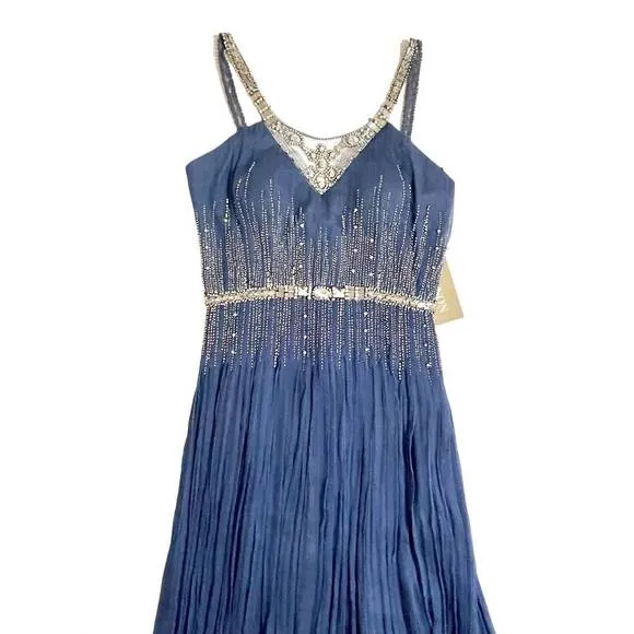 NEW MIGNON silk grecian beaded crystals gown in carbon blue