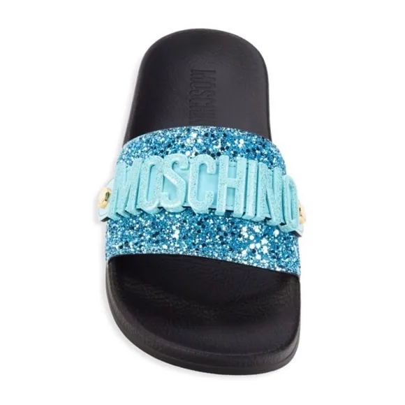 New! Moschino Logo Glitter Slides