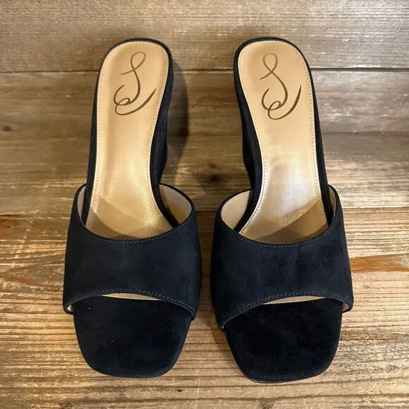 New NIB Womens Sam‎ Edelman Merrick Black Suede Wedge Heeled Sandals Size 7.5 M