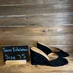 New NIB Womens Sam‎ Edelman Merrick Black Suede Wedge Heeled Sandals Size 7.5 M