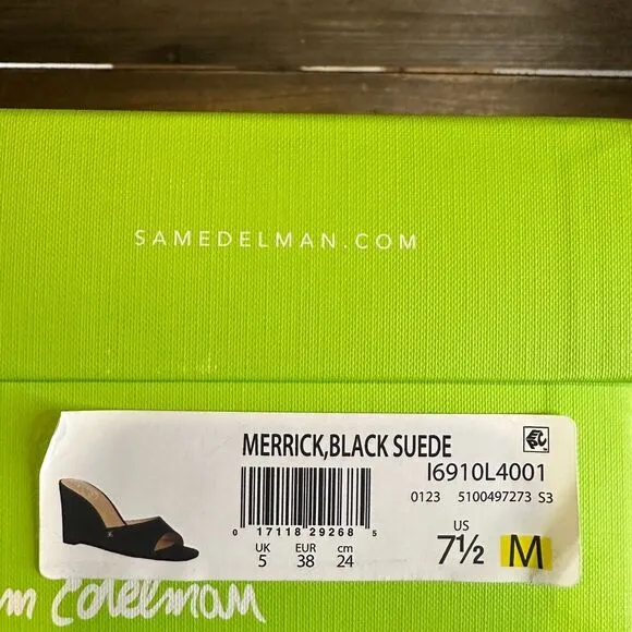 New NIB Womens Sam‎ Edelman Merrick Black Suede Wedge Heeled Sandals Size 7.5 M