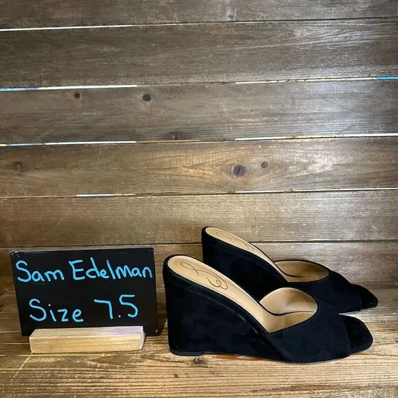 New NIB Womens Sam‎ Edelman Merrick Black Suede Wedge Heeled Sandals Size 7.5 M