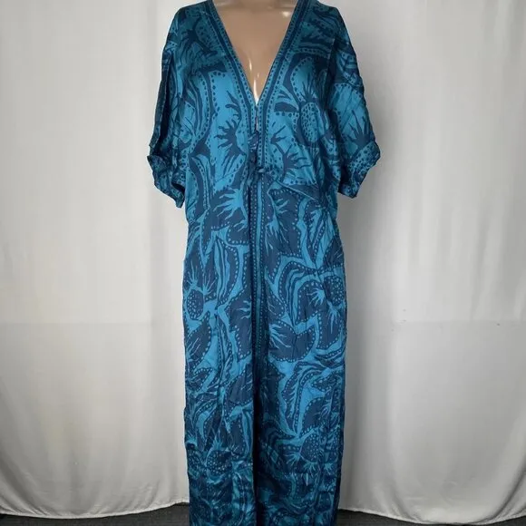 NEW Omika Pia Caftan Maxi Dress Green Multi V-Neck Short Sleeve One Size