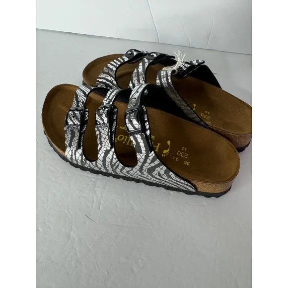 NEW Papillio Birkenstock Florida Sandals Metallic Silver Zebra Black EU 36 US 5