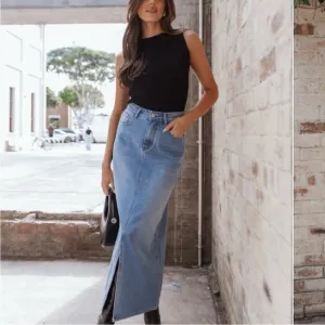 NEW Petal   Pup Women’s Dana Light Blue Denim Front Slit Maxi Jean Skirt 0362
