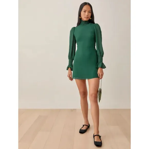 NEW Reformation Archie Mini Dress Shirred Georgette Emerald Women's Size 18
