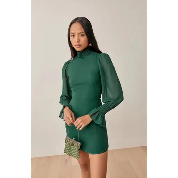 NEW Reformation Archie Mini Dress Shirred Georgette Emerald Women's Size 18