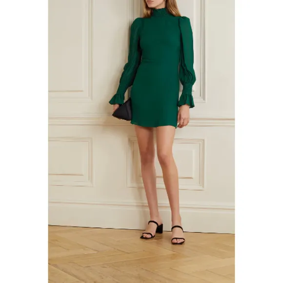 NEW Reformation Archie Mini Dress Shirred Georgette Emerald Women's Size 18