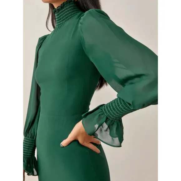 NEW Reformation Archie Mini Dress Shirred Georgette Emerald Women's Size 18