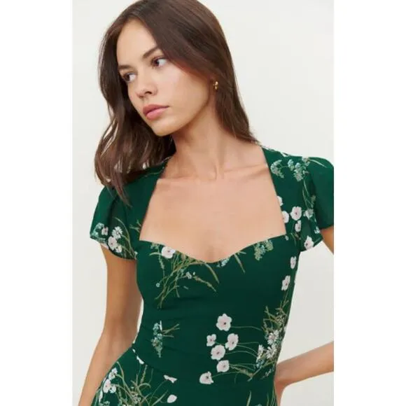 NEW Reformation Rosi Sweetheart Dress Floral Lined Open Back Green Size 4