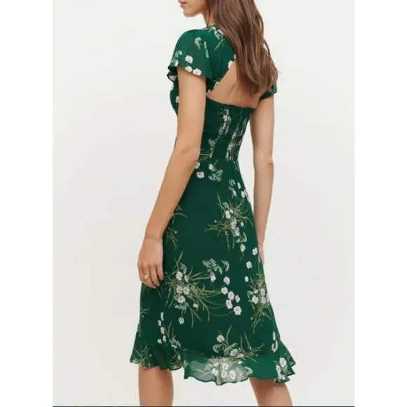 NEW Reformation Rosi Sweetheart Dress Floral Lined Open Back Green Size 4