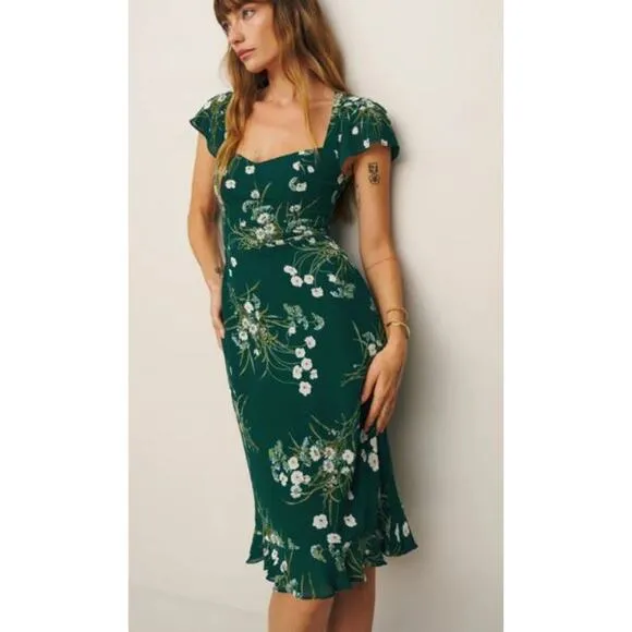 NEW Reformation Rosi Sweetheart Dress Floral Lined Open Back Green Size 4