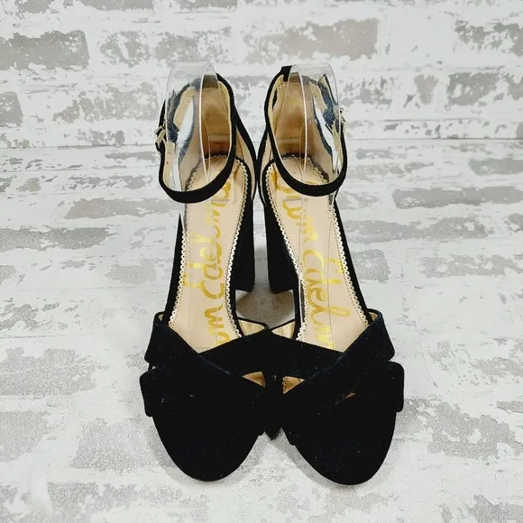 New Sam Edelman Omar Black Suede Ankle Strap Heeled Sandals O527
