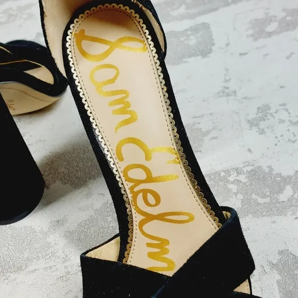 New Sam Edelman Omar Black Suede Ankle Strap Heeled Sandals O527