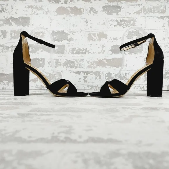 New Sam Edelman Omar Black Suede Ankle Strap Heeled Sandals O527