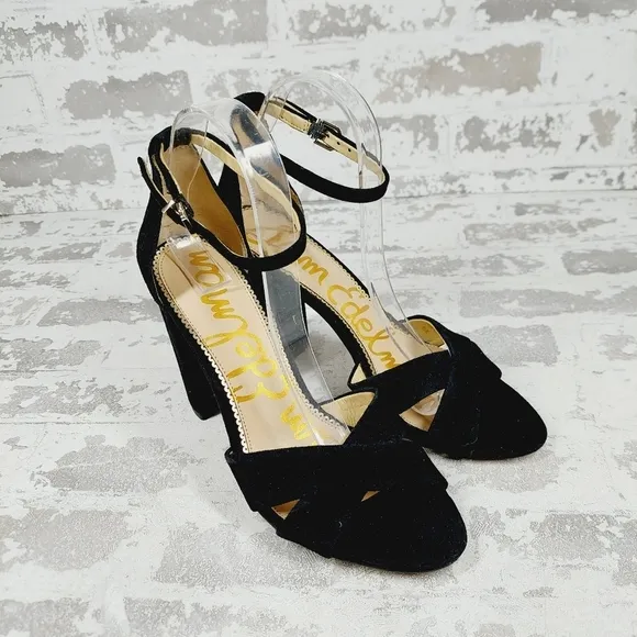 New Sam Edelman Omar Black Suede Ankle Strap Heeled Sandals O527
