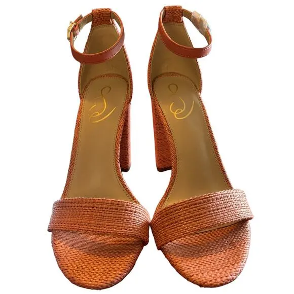 NEW Sam Edelman Yaro Heel Sandal Women's Size 8 M Perla Woven Fabric Block Coral