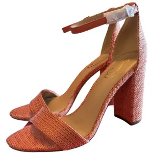 NEW Sam Edelman Yaro Heel Sandal Women's Size 8 M Perla Woven Fabric Block Coral