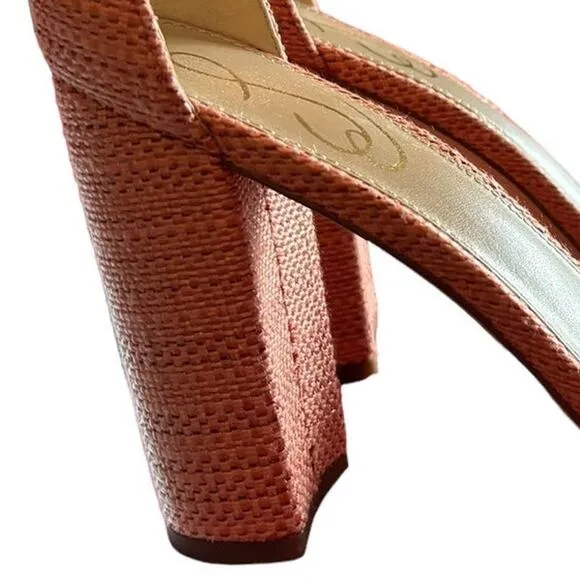 NEW Sam Edelman Yaro Heel Sandal Women's Size 8 M Perla Woven Fabric Block Coral