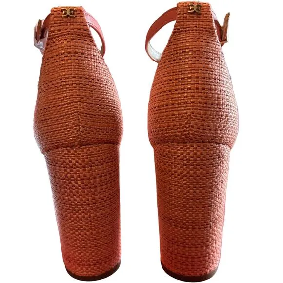 NEW Sam Edelman Yaro Heel Sandal Women's Size 8 M Perla Woven Fabric Block Coral