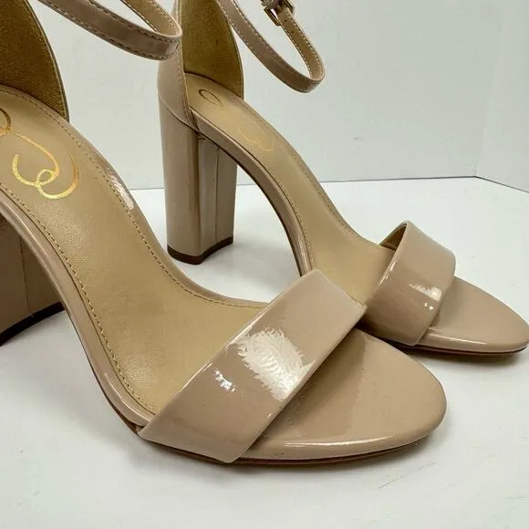 NEW Sam Edelman Yaro WIDE Beige Patent Faux Leather Open Toe Block Heel Sandals