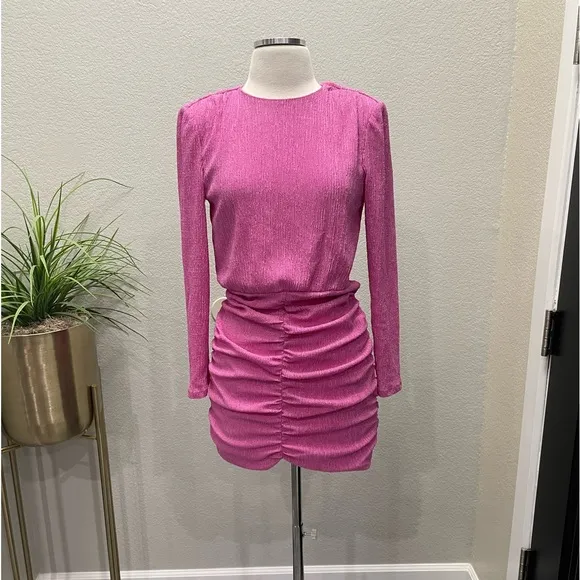 New! Saylor Sonja Ruched Skirt Long Sleeve Cocktail Pink Orchid Dress Sz Medium