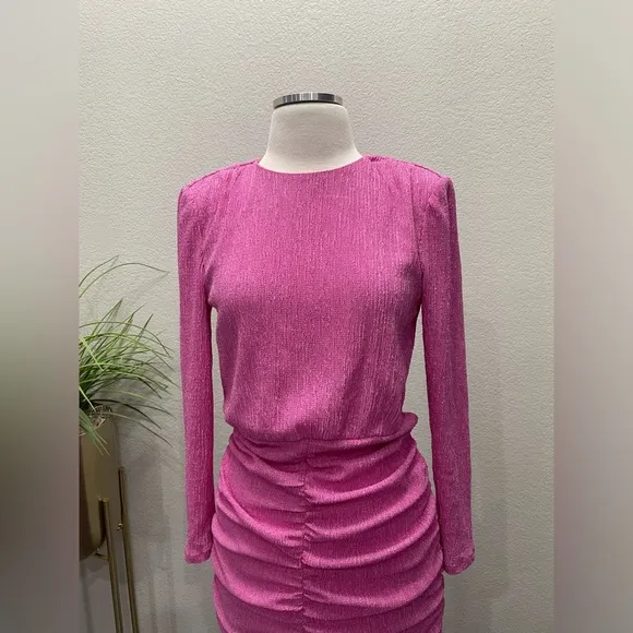 New! Saylor Sonja Ruched Skirt Long Sleeve Cocktail Pink Orchid Dress Sz Medium