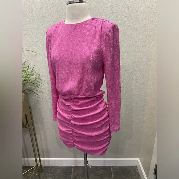 New! Saylor Sonja Ruched Skirt Long Sleeve Cocktail Pink Orchid Dress Sz Medium