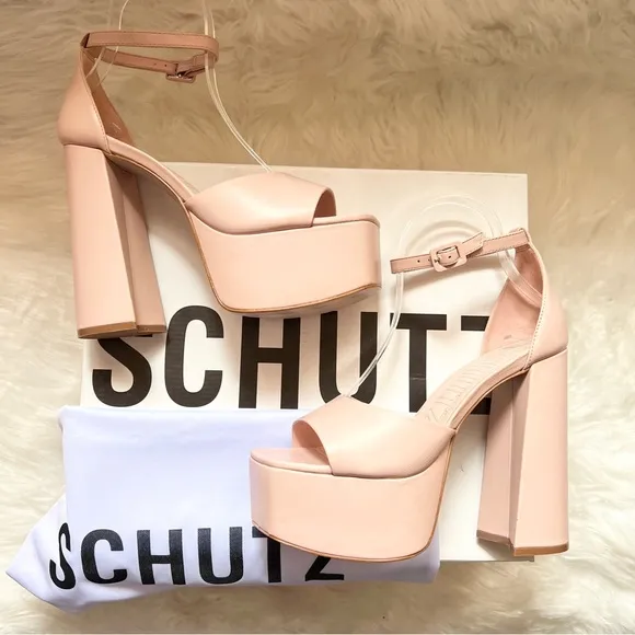 New! SCHUTZ Elsie Leather Platform Square Heel Sandals