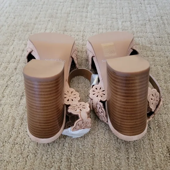 New See By Chloe Laser-Cut Floral Kristy Heeled Sandals in Tan, Size 36