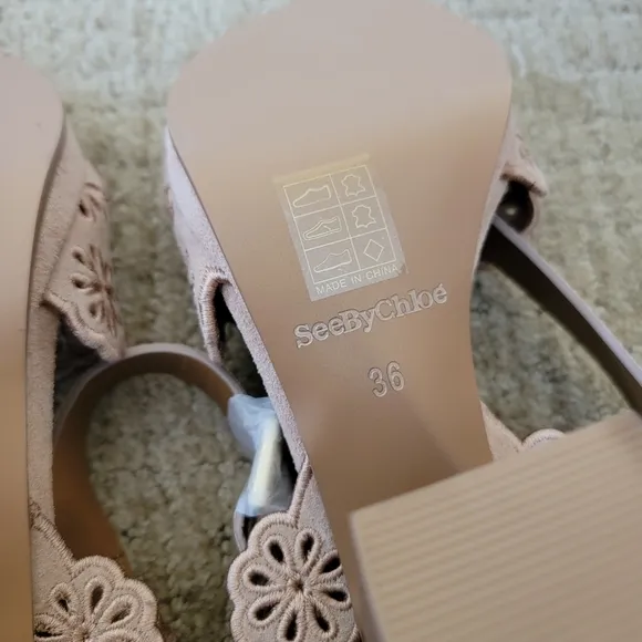New See By Chloe Laser-Cut Floral Kristy Heeled Sandals in Tan, Size 36