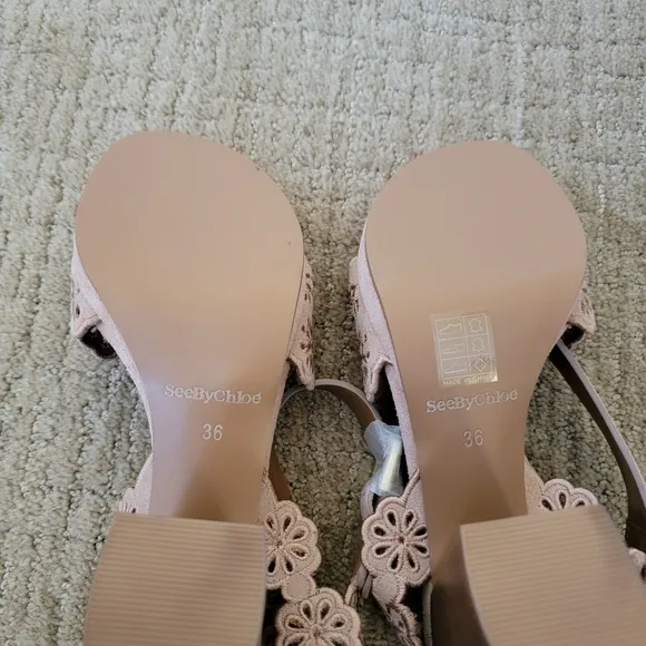 New See By Chloe Laser-Cut Floral Kristy Heeled Sandals in Tan, Size 36