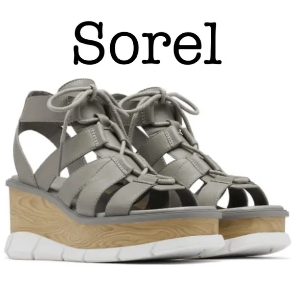 New Sorel Joanie Lace Up Gray Wedge Sandals Size 9 1/2
