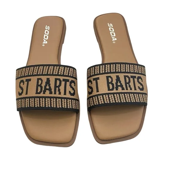 New St Barts Sandals Slides Tan Black Size 7